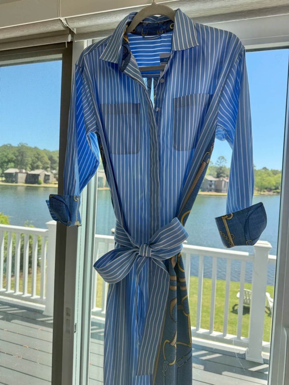 Derby Day Ready!  Striped Blue Shirt Dress with Equestrian Print Accents